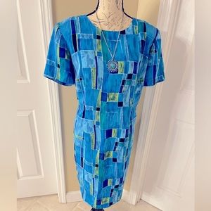 ⭐️Vintage⭐️ NWOT Lovely John Philips Blue Geomteric Print Lined Sheath Dress